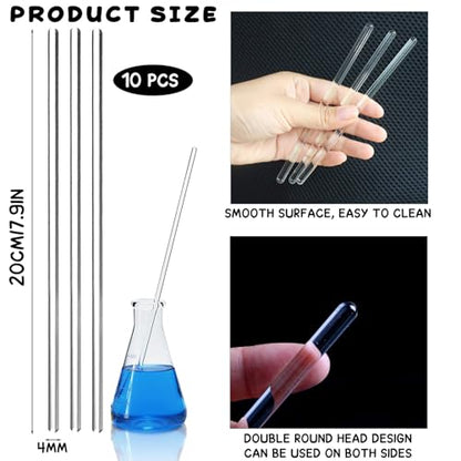 10-Pack Glass Stirring Rods – 7.9" Long, 6mm Diameter, Both Ends Round – Heat-Resistant Glass for Lab and Home Use