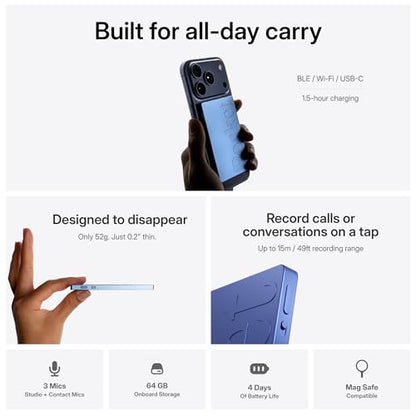 Pocket AI Voice Recorder, Auto Transcription, AI Note Taker, Sierra Blue - color: Sierra Blue