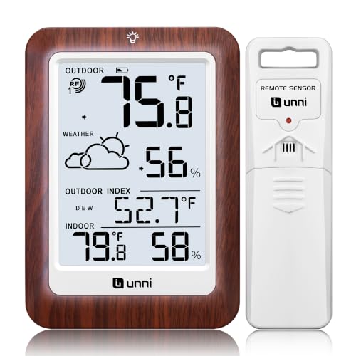 Indoor Outdoor Thermometer Wireless Weather Station, Temperature Humidity Monitor Battery Powered Inside Outside Thermometers with 330ft Range Remote Sensor and Backlight Display（Dark Wood） - color: Dark Wood