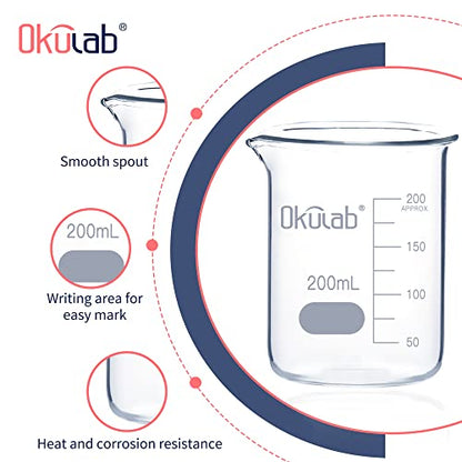 Glass Beaker, Graduated 3.3 Borosilicate Glass Beaker Set, 12pcs of 200ml Low Form Beakersfor Lab, Classroom, Craft, Kitchen,BKLG200A12 - style: Vol.200ml, Case of 12