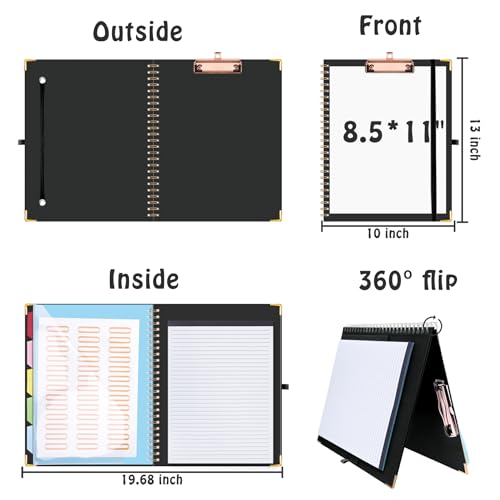 HAUTOCO Clipboard Folio with Refillable Lined Notepad for Letter Size (11" x 8.5"), 5 Dividers with 10 Pockets, Elastic Pen Holder and File Folder Labels, Spiral Nurse Clipboard Artboard(Black) - color: Black