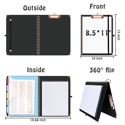 HAUTOCO Clipboard Folio with Refillable Lined Notepad for Letter Size (11" x 8.5"), 5 Dividers with 10 Pockets, Elastic Pen Holder and File Folder Labels, Spiral Nurse Clipboard Artboard(Black) - color: Black