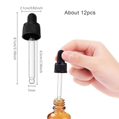 PH PandaHall Set of 12, Glass Eye Droppers for Essential Oil 15ml (1/2 Ounce) Pressure Rotating Cover Oil Droppers Pipettes Roller Tops for Essential Oil Bottles - color: Fit for 15ml bottle