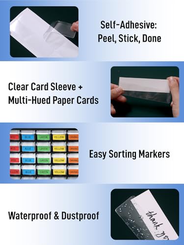 60-Pack Clear Plastic Self-Adhesive Label Holders with Kanban Cards and Insert Cards, Compatible with Most Akro-Mils Bins, Labeling Supplies for Cabinets, Shelves and Storage Bins