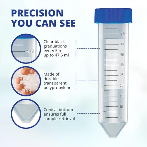 United Scientific™ 50mL Centrifuge Tubes, Pack of 50 – Sterile, Conical Polypropylene Tubes with Leak-Proof Screw Caps, Plastic Containers with Black Graduations & White Writing Space