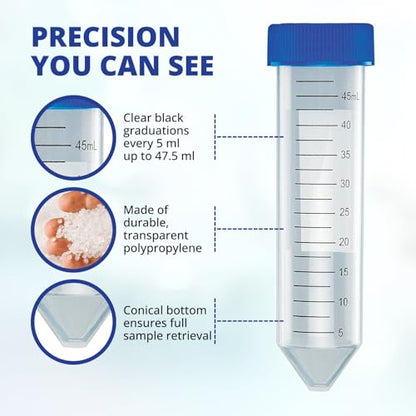 United Scientific™ 50mL Centrifuge Tubes, Pack of 50 – Sterile, Conical Polypropylene Tubes with Leak-Proof Screw Caps, Plastic Containers with Black Graduations & White Writing Space