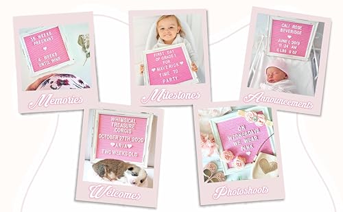Pink Felt Letter Board Baby Announcement Sign with Rustic Wood White Frame - Rustic Farmhouse Letter Board Sign with Stand - 10x10 Felt Board Changeable Message Board with 350 Letter Set - color: Pink, size: 10x10 inches