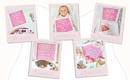 Pink Felt Letter Board Baby Announcement Sign with Rustic Wood White Frame - Rustic Farmhouse Letter Board Sign with Stand - 10x10 Felt Board Changeable Message Board with 350 Letter Set - color: Pink, size: 10x10 inches
