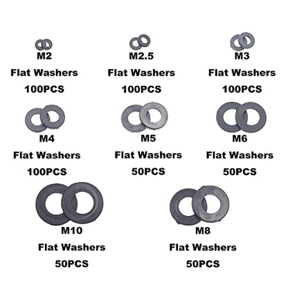 600PCS Metric M2-M10 Black Nylon Flat Washers Spacers Kit - color: Black