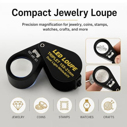 Jewelers Loupe 15x 21mm Jewelers Magnifying Glass Loupe Magnifier Coin Magnifying with Light Jewelers Loop for Gems, Jewelry, Coins and Trichomes - color: 15x Magnification