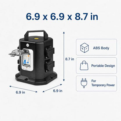 Power Distribution Box, Portable 125V Breaker Box with 6 x NEMA 5-20 Outlet, IP65 Weatherproof Temporary Power Outlet Box for Construction Sites, Factories and Workshops