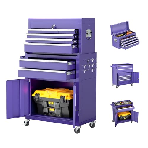 Oakcloud Lockable 8-Drawer Rolling Tool Chest & Cabinet Combo with Black Liner – Heavy-Duty Steel Garage Tool Box on Wheels – Detachable Top Toolbox & Bottom Storage Cart with Side Hooks, Purple - color: Purple, size: 8-Drawer