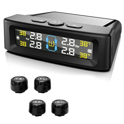 Sun Walker Tire Pressure Monitoring System, Wireless Tire Pressure Monitor with 4 Sensors & 6 Alarm Modes, Real-Time LCD Display TPMS with Solar & USB Charger for RV Truck Trailer