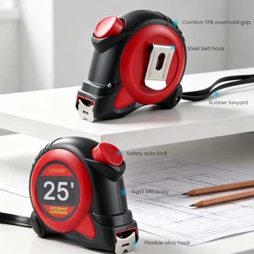 Lichamp Auto-Lock Tape Measure 4 Pack 25ft EasyRead Retractable 1/8in