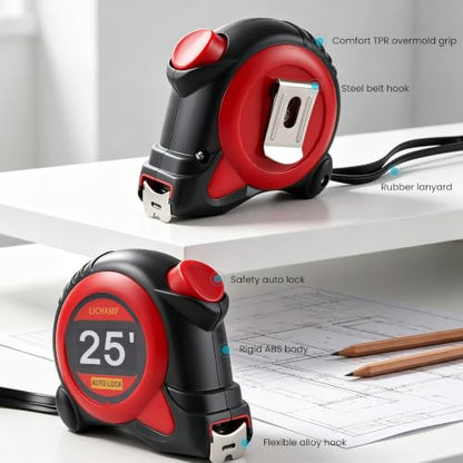 Lichamp Auto-Lock Tape Measure 4 Pack 25ft EasyRead Retractable 1/8in