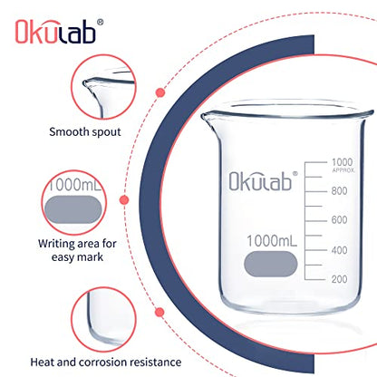 2pcs of 1000mL Glass Beaker, Low Form, Graduated 3.3 Borosilicate Glass Beaker Set for Lab, Classroom, Craft, Kitchen,BKLG1000A2 - style: Vol.1000ml, Case of 2