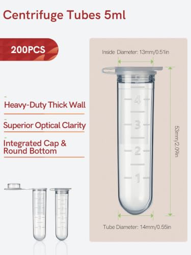 5ml Microcentrifuge Tubes 200PCS with Attached Lid Max.RCF 10500xg for Lab - size: 5ml