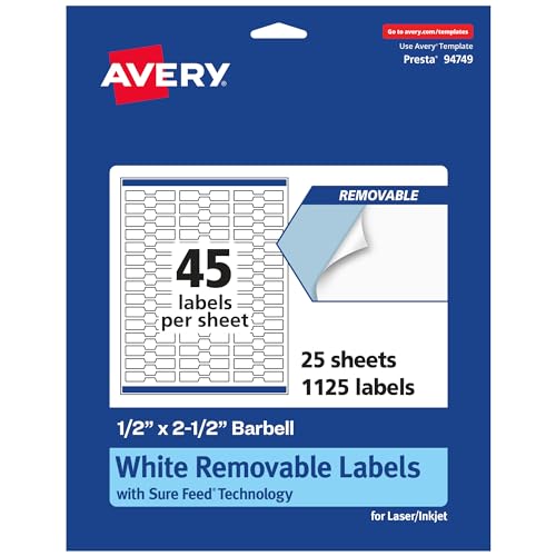 Avery Matte White Removable Barbell Labels, Sure Feed Technology, 0.5" x 2.5", 1,125 Removable Labels, Laser/Inkjet Printable - style: 1,125 labels