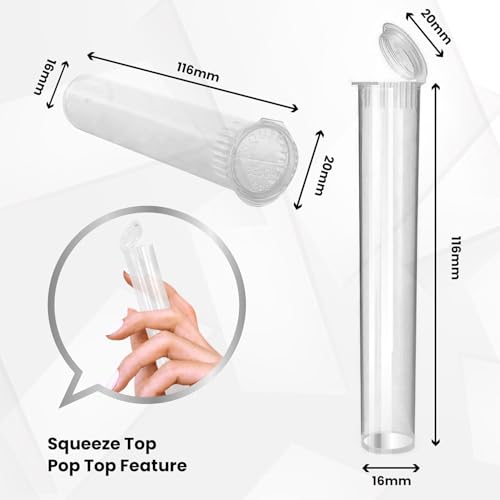 100 Pack 116mm Tubes Clear King Size - Plastic Pop Top Tubes with Squeeze Cap - Airtight, Waterpoof and Child Proof Container (100 Count) (Clear 116mm 100Pack) - color: Clear 116mm 100Pack