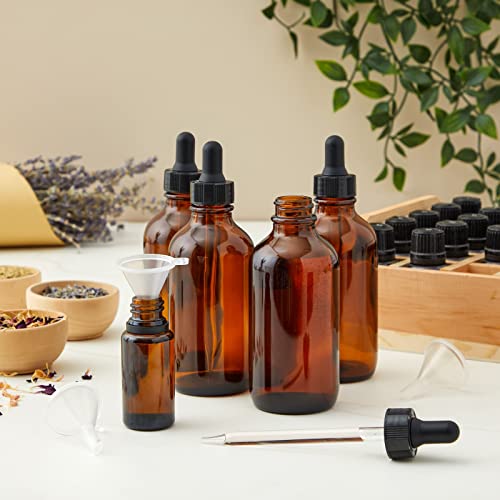 Juvale Amber Glass UV-Protected Amber Dark Glass Bottles with Droppers for Essential Oils & Travel Liquids - 4 Oz, 15-Pack, Apothecary Style - Leak-Proof Dropper Bottle Set with 6 Funnels