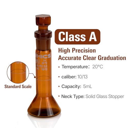 5 ml Volumetric Flask,Amber,3.3Borosilicate Glass,Class A,NS10/13 Glass Stopper,Laboratory Project (Pack of 2) - color: Amber, size: 5ml