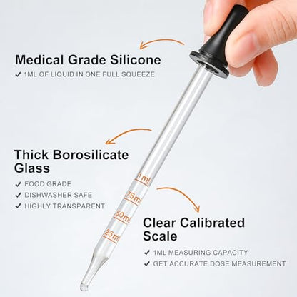 8 Pack, 1 mL Glass Eye Dropper with Measurement - Long Bent & Straight Tip Calibrated Glass Medicine Droppers, Accurate Dose Pipette Dropper for Essential Oil, Feeding, Ear, Eye, Lab, Health, Beauty - style: 8PCS-Long