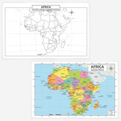 Africa Map 11x17 Laminated Dry Erase Geography Chart | Double-Sided with Color Front & Blank Outline Back | Reusable Classroom & Homeschool Tool - color: Africa