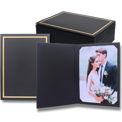 50 Count Photo Folders for 4x6 or 5x7 Pictures,Paper Picture Frames,Cardboard Greeting Photo Frame Cards for Graduation Wedding Birthday Classroom DIY (Black with Gold Trim) - style: 50CT - Black