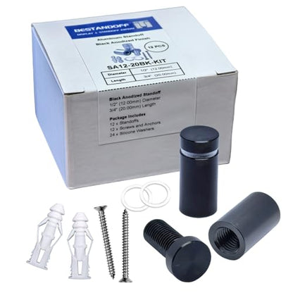 Aluminum Wall Mount Standoffs Screws, Black, 1/2" x 3/4", Pack of 12 - color: Black, size: 1/2" x 3/4"