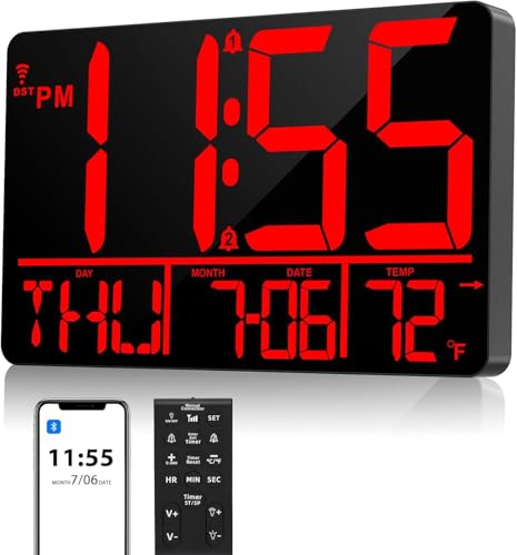 13" Bluetooth Auto Sync Wall Clock - Large Digital Alarm Clock with Remote - style: Red Numbers