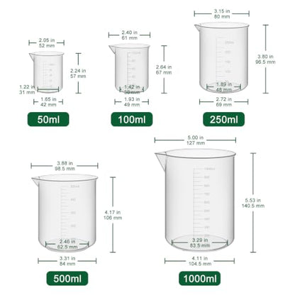 FunChem Plastic Beaker Set, 5-Piece Graduated Beakers 50ml/100ml/250ml/500ml/1000ml, Lightweight & Corrosion Resistant for Lab Experiments Liquid Mixing Dissolving