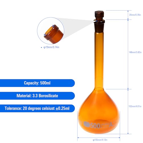 2PCS 500ML Volumetric Flask, Class A, Glass Stopper for Laboratory - color: Amber Glass, size: 500ML