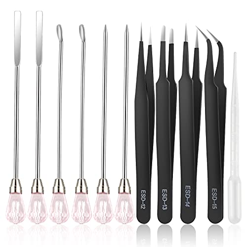 11 Pcs Resin Spoon Tools Kit-Metal Stir Sticks Resin Spoons Poke Needle with Anti-Static Stainless Steel Precision Tweezers Set for Resin Crafts,Jewelry Making,DIY Epoxy Silicone Resin Molds(Pink) - color: Pink & Black