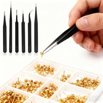 6 pcs Precision Tweezers Set, ESD Tweezers Set, Anti-Static Stainless Steel Tweezer for Electronics Craft Repair Jewelry Making Repair Tweezer Kit(Black)