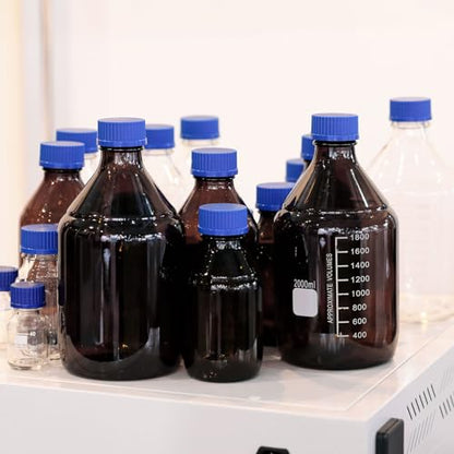 PATIKIL 10 Pack Reagent Media Storage Bottles, 50ml Borosilicate Glass Graduated Round Bottles with GL32 Blue Screw Cap for Lab Water Reagent Liquids, Clear - size: 50ml