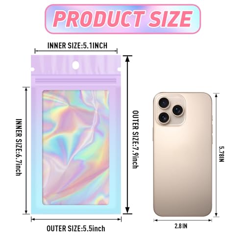 Funfery 100 Pack Gradient Holographic Bags,Mylar Resealable Bag with Zipper,Clear Window Packaging Pouch,Smell Proof Bags for Food Storage,Sample Jewelry Baggies(5.5x7.9In,Purple Blue) - color: Purple Blue, size: 5.5x7.9 Inch