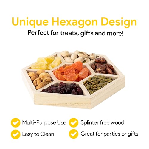 Hammont Hexagon Wooden Tray – 2-Pack – 10.5″ x 1″ – 7 Section Divided Serving & Snack Platter for Appetizers, Veggies, Montessori Activities - style: Hexagon Tray - Large