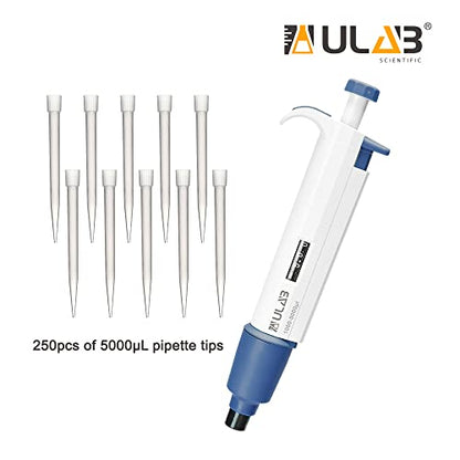 ULAB Single Channel Pipettor with Pipette Tips Offered, 1pc of Adjustable Volume Micro Pipette with Vol.Range.1000-5000μl, 250pcs of Vol.5000μl Pipette Tips in Neutral Color, ULH1022 - style: 1000-5000μl & 250 Tips