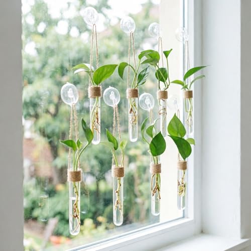 Bunmery 8 pcs Window Propagation Stations, Plastic Plant Propagation Tubes with Suction Cups & Traceless Nails, Easy to Install Window Wall Hanging Planter Terrarium Vase