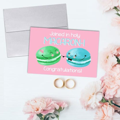 Amanda Creation Funny Wedding Card for Bride and Groom, 4x6 Blank Inside with Silver Envelope, Macaron Newlywed Congratulations Greeting - style: Macaron Cookie