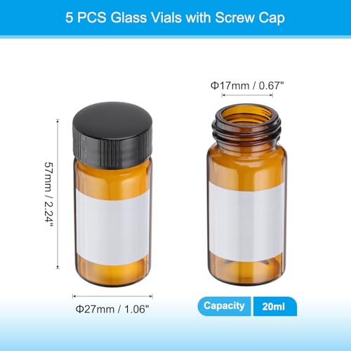 PATIKIL Small Glass Sample Bottles with Lids, 5 Pcs 20ml Amber Glass Vials with Black Screw Caps Mini Leak Proof Reagent Sealed Bottles with Writing Label for Solid Liquid Powder Storage - color: Black/Amber, size: 20ml