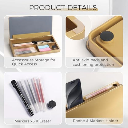 TOWON Compact Glass Desktop Whiteboard with Storage 12x7 in, Metallic Gold - color: Metallic Gold