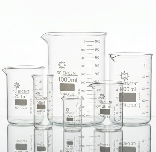 SCIENCENT Glass Beaker Set of 6 Borosilicate Thick Wall - 25ml, 50ml, 100ml, 250ml, 500ml, 1000ml (Set of 6)