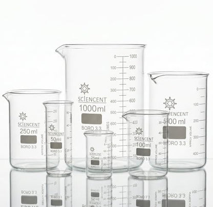SCIENCENT Glass Beaker Set of 6 Borosilicate Thick Wall - 25ml, 50ml, 100ml, 250ml, 500ml, 1000ml (Set of 6)