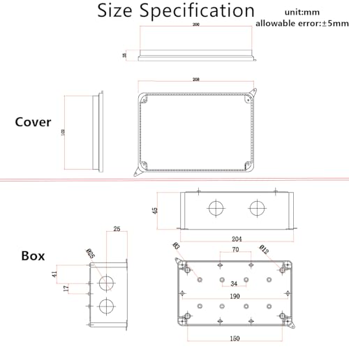 Outdoor Waterproof Box,Junction Box Reserved Holes IP65 ABS Plastic Electrical Boxes Power Cord Enclosure Project Box Black Outer Size 7.9 x 3.9 x 2.8 inch(200x100x70mm) - size: 7.9" x 3.9" x 2.8"