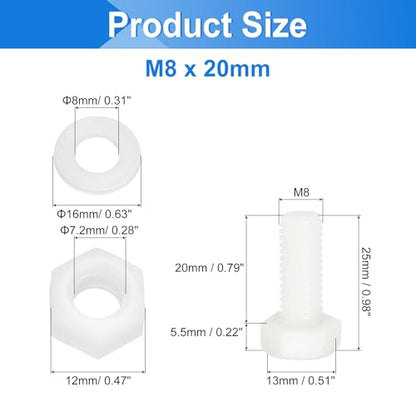 uxcell 300 Pcs/100 Sets Nylon Hex Bolts, M8 x 20mm Plastic Full Threaded Hex Head Screws Bolts and Nuts with Flat Washers for Machinery Electronics Industrial Accessories, White - size: M8 x 20mm