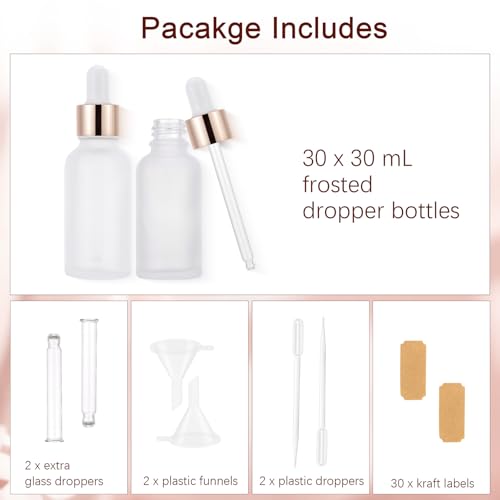 30 Pack 30ml Frosted Glass Sample Dropper Bottles, Rose Golden Caps - color: Frosted, size: 30mL-30pcs