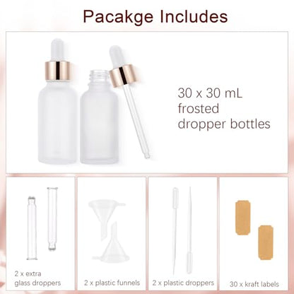 30 Pack 30ml Frosted Glass Sample Dropper Bottles, Rose Golden Caps - color: Frosted, size: 30mL-30pcs