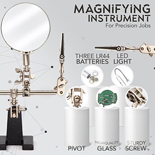 RamPro - Helping Hand Magnifier Glass Stand - Magnifying Lens, Perfect for Soldering, Crafting & Inspecting Micro Objects - size: 3X Magnification - With LED Light