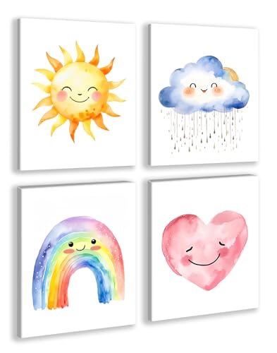 Framed Girls Rainbow Canvas Wall Decor Watercolor Sun Cloud Heart Decor - color: 8x10inch (Framed)a